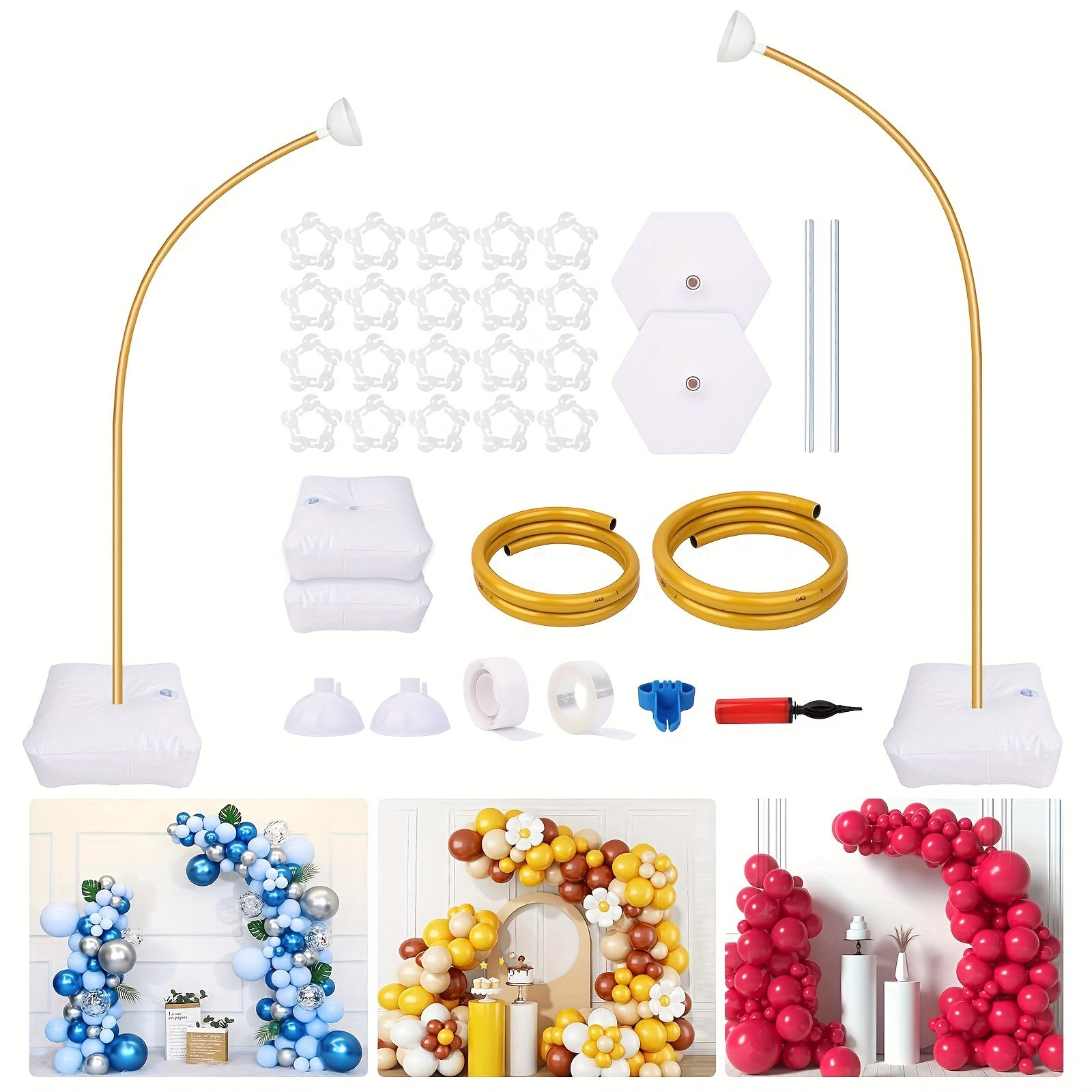 Balloon Arch Stand Kit 8FT & 5FT - Gold Flexible Balloon Column Half Arch Stand with Base, Free Bending Design for Wedding Birthday Baby Shower Graduation Party Decoration