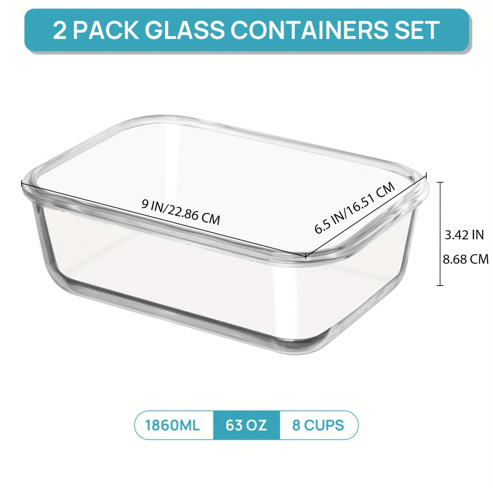 Glass Food Storage Containers with Lids 2 Pack ¨C 63oz Large Airtight Snap Lock Meal Prep Containers, Leak Proof Glass Dish with Lid for Oven, Microwave & Refrigerator, Food Transport Tubs
