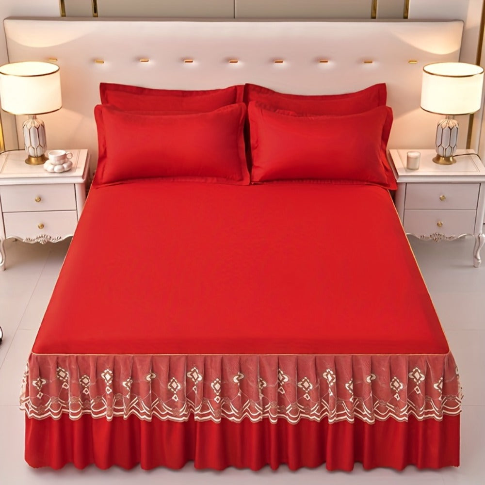 Macrame Lace Bed Skirt Set 3pcs ¨C Double Layer Non-Slip Bed Skirt with 2 Pillowcases All Seasons Twin Full Queen King