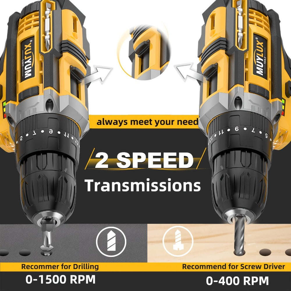20V Cordless Drill Set Impact Power Drill 3/8 Inch Keyless Chuck 18+3 Clutch 45Nm Max Torque 2-Speed Work Light 2.0Ah Battery Fast Charger 136 148 PCS Kit