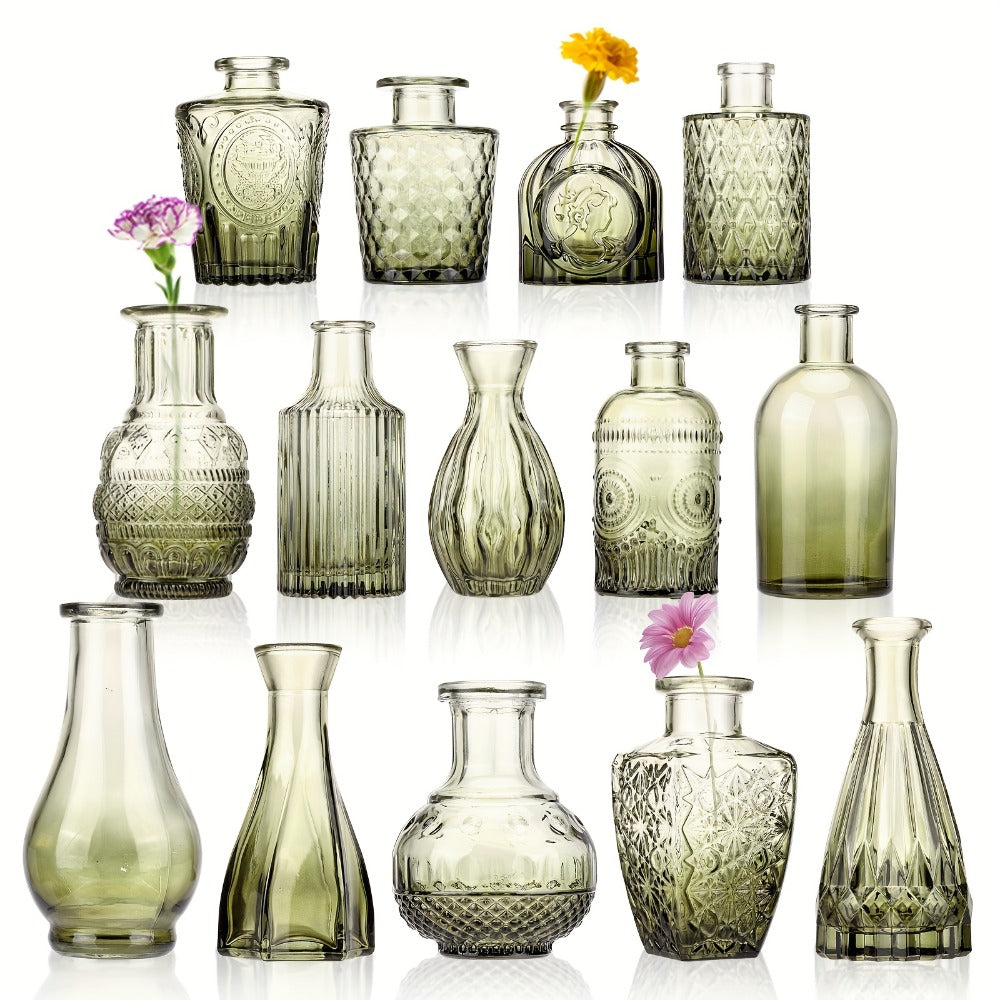Glass Bud Vase Set 12pcs Bulk Mini Vintage Flower Vases Multicolor Relief Design - Centerpiece Decor for Wedding Home Table Party Living Room Boho Floral Arrangement
