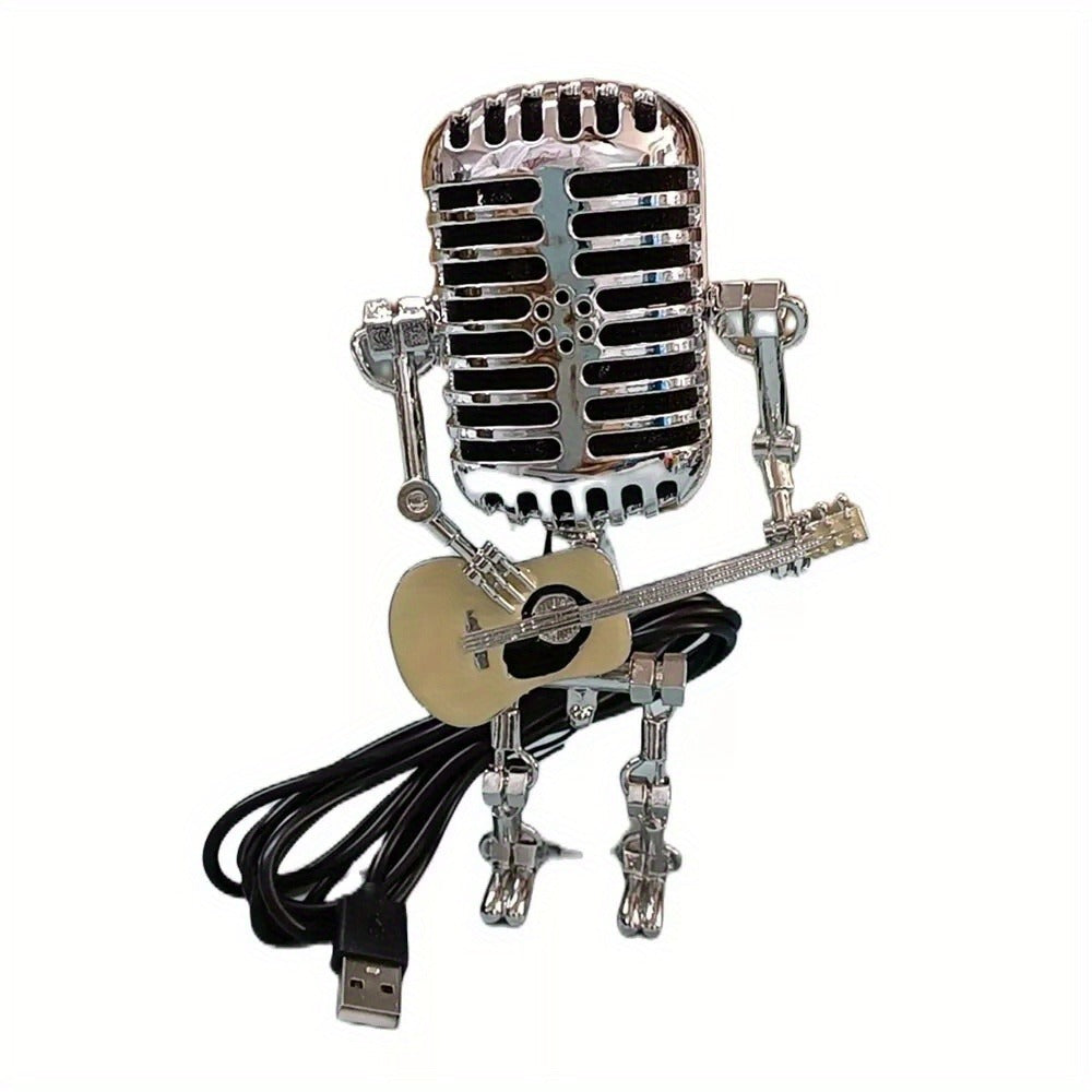 Vintage Microphone Robot Guitar Lamp USB Powered ¨C Retro Decorative Night Light for Music Lovers, Guitar Players, Home, Bar & Office Desk Decor (Red / Yellow)