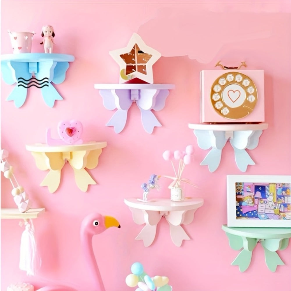 Floating Wooden Wall Shelf with Bow Design - Wall-Mounted Storage Rack for Bathroom Kitchen Living Room Bedroom Decor