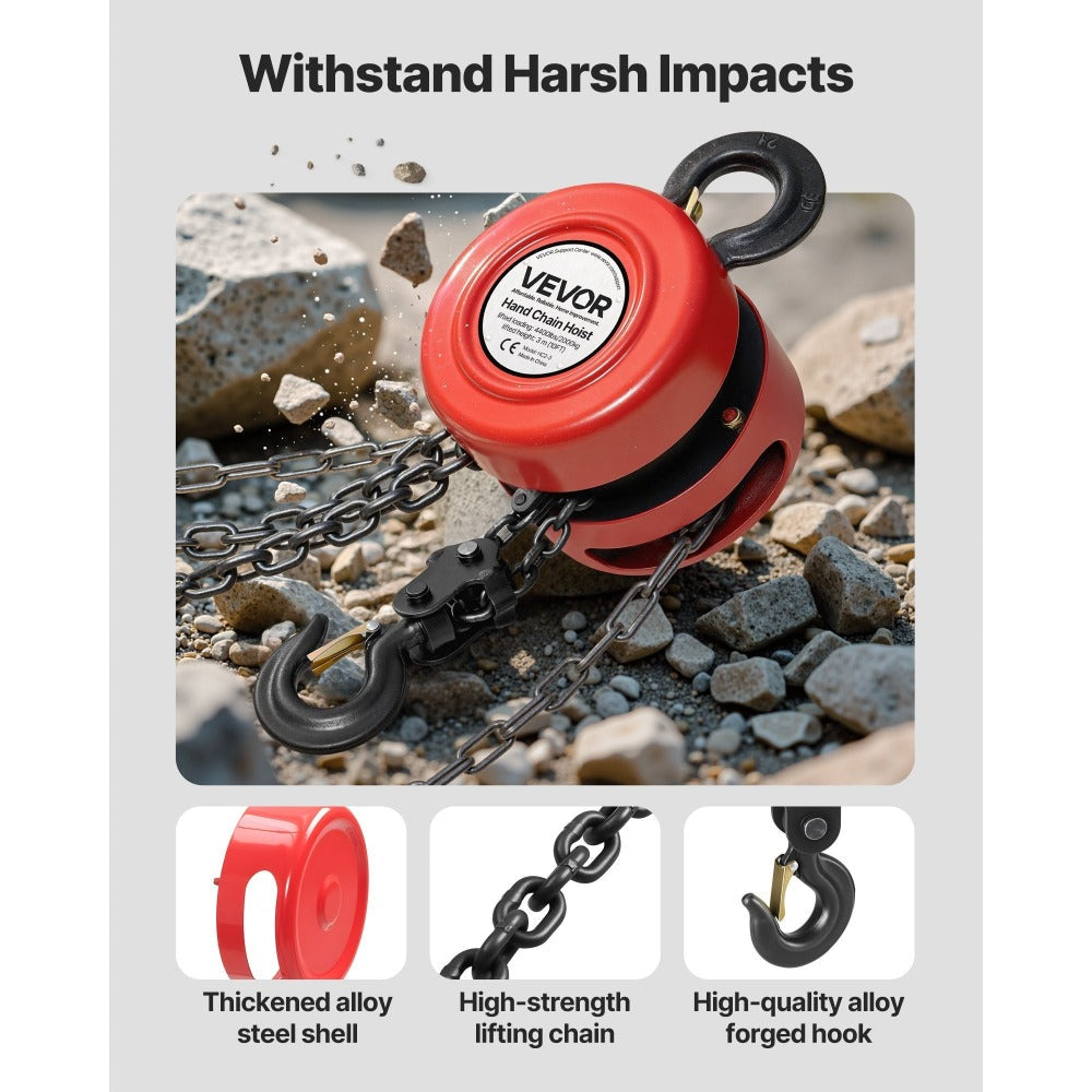 Hand Chain Hoist 2200 lb / 4400 lb Manual Chain Block with G70 Chain ¨C 8 ft / 10 ft / 20 ft Lift Height, 360¡ã Rotating Hooks, Security Brake, for Garage, Construction & Warehouse Lifting