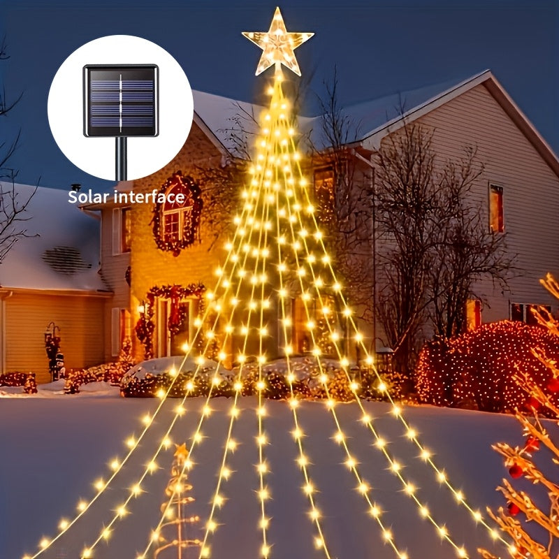 Christmas Tree Waterfall Fairy Lights 200 LED with Star Top Decoration, 8 Lighting Modes ¡ª Battery, Solar & USB Powered Indoor Outdoor Colorful Cascading Holiday Light Strip