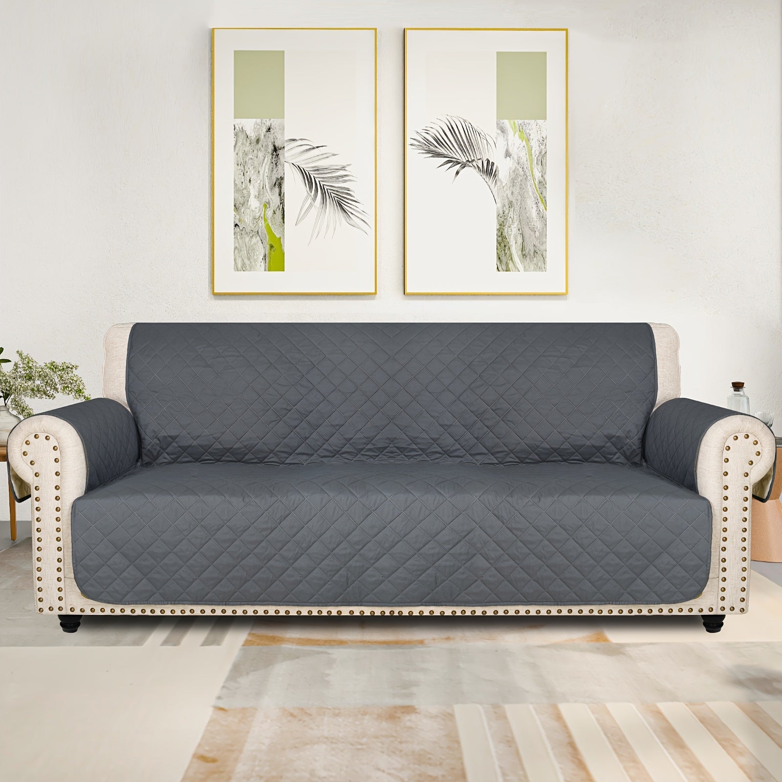 Sofa Slipcover 5-Layer Quilted Thick Sofa Cover Protector Elastic Strap Non-Slip Washable Pet Friendly Universal Fit 3 4 Seater Couch Cover for Living Room - 10 Colors