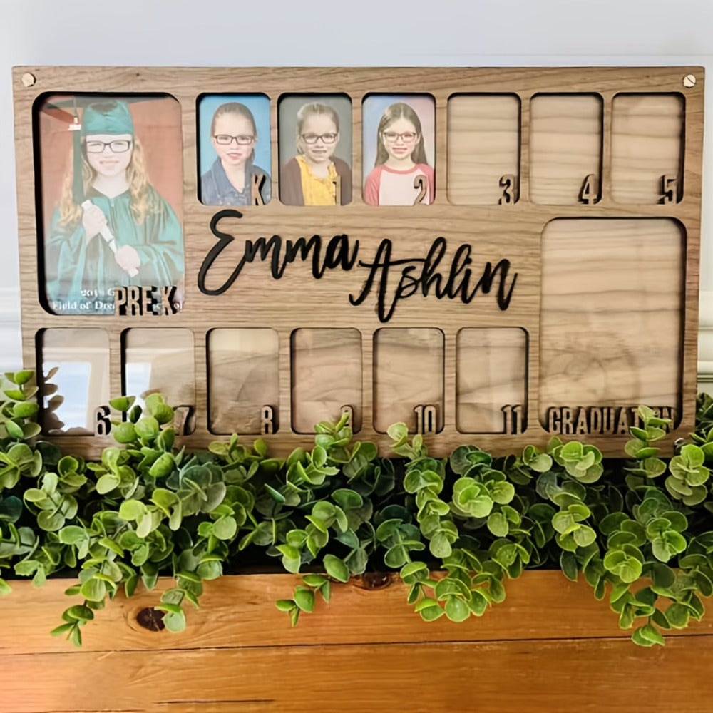 Graduation Photo Frame Vintage Wooden 14-Photo Collage Display Stand Desktop Wall Decor Home Office Grad Gift Grey Beige
