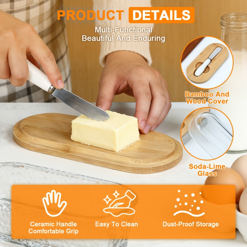 Glass Butter Dish with Airtight Sealed Lid | Butter Keeper for Countertop Refrigerator Fridge Door Storage Hygienic Covered Butter Tray Stripe Pattern Fresh Butter Container