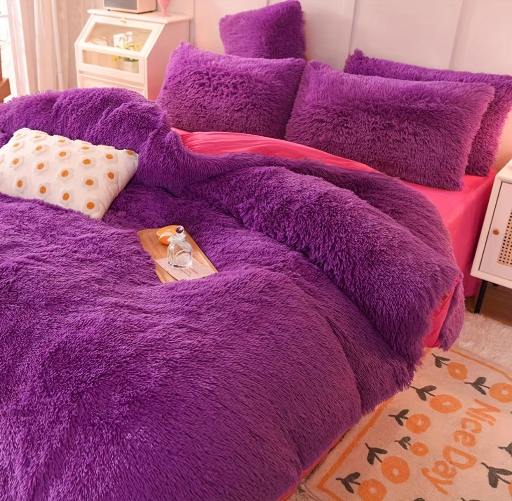 Fluffy Bedding Set 4pcs Soft Warm Plush Duvet Cover with Pillowcases Queen King - Cozy Autumn Winter Comforter Set 8 Colors