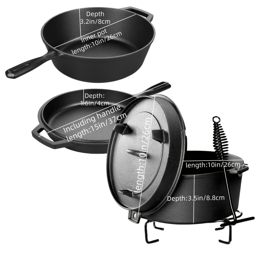 Cast Iron Cookware Set for Kitchen Camping BBQ - Non-Stick Skillet Dutch Pot Frying Pan Baking Tray Griddle Options, Oven Safe Stovetop Campfire Cookware for Home RV Holiday Cooking Multiple Set Choices