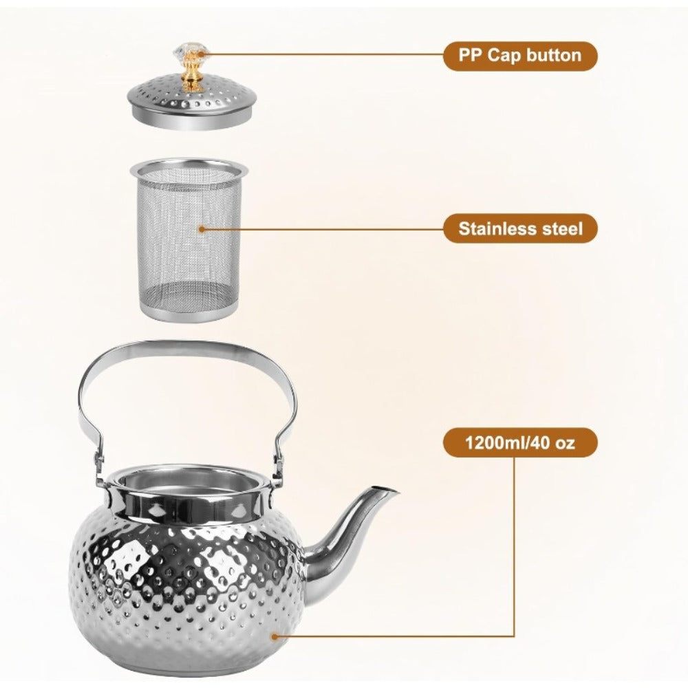 Hammered Tea Kettle Stainless Steel ¨C 40.58oz Stovetop Teapot with Strainer for Loose Leaf Tea, Coffee & Milk, Classic Hammered Design, Outdoor & Travel Friendly, Premium Tea Gift ¨C Gold, Silver