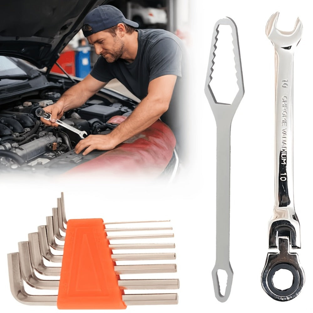 Wrench Set 10-Piece Multi-Function ¨C 8 Hex Wrenches, Flare Wrench & 10mm Ratchet Wrench, Chrome Vanadium Steel, 180¡ã Rotating Double-Ended 72-Tooth Precision Gear Design