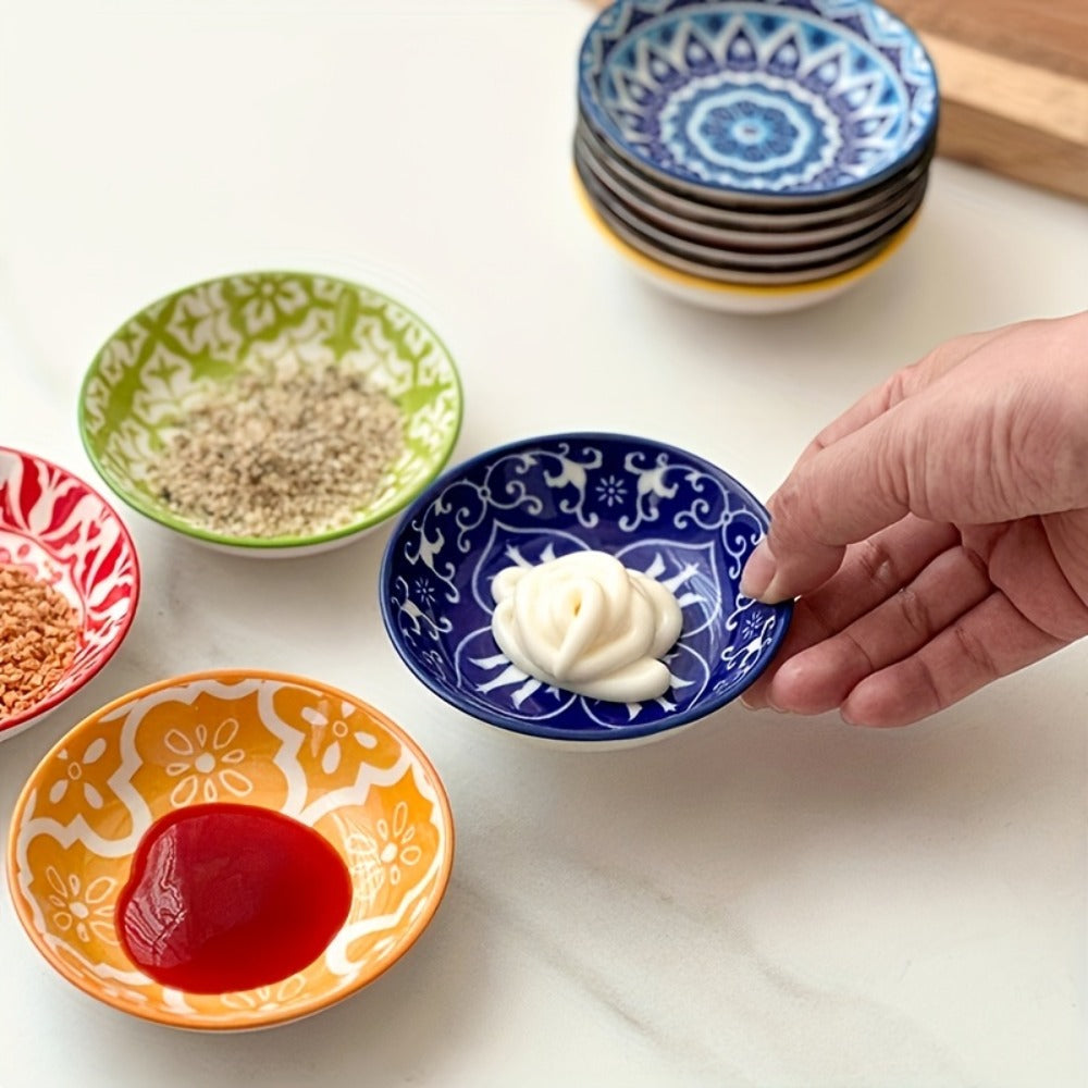 Ceramic Condiment Dish Set of 10 ¨C Bohemian Small Saucer Dipping Bowls for Soy Sauce, Vinegar & Spices | Kitchen, Restaurant, Party, BBQ & Picnic Use | Machine Washable