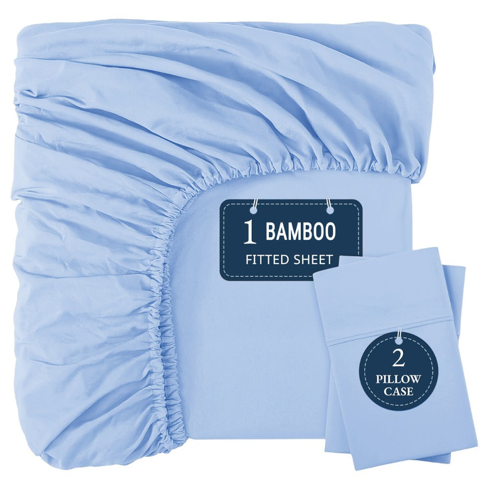 Bamboo Fitted Sheet Set 3-Piece ¨C Cooling Breathable Soft Deep Pocket Bed Sheets, Twin Full Queen King, 12 Colors ¨C Fits Mattress Up to 15¡±