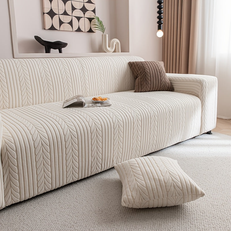 Couch Cover Full Coverage Elastic Velvet Jacquard Sofa Slipcover with Pillowcase - Non-Slip Thick Soft Pet Friendly Machine Washable Fits 1 2 3 4 Seater Living Room Bedroom