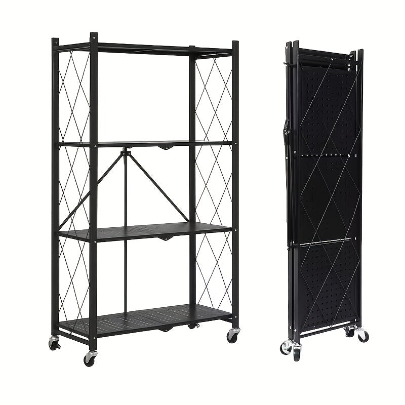 Rolling Storage Rack with Wheels 3 4 5 Tier Folding Shelving Unit No Assembly Required, Freestanding Metal Shelf Organizer for Kitchen Living Room Garage Office Basement, Black White