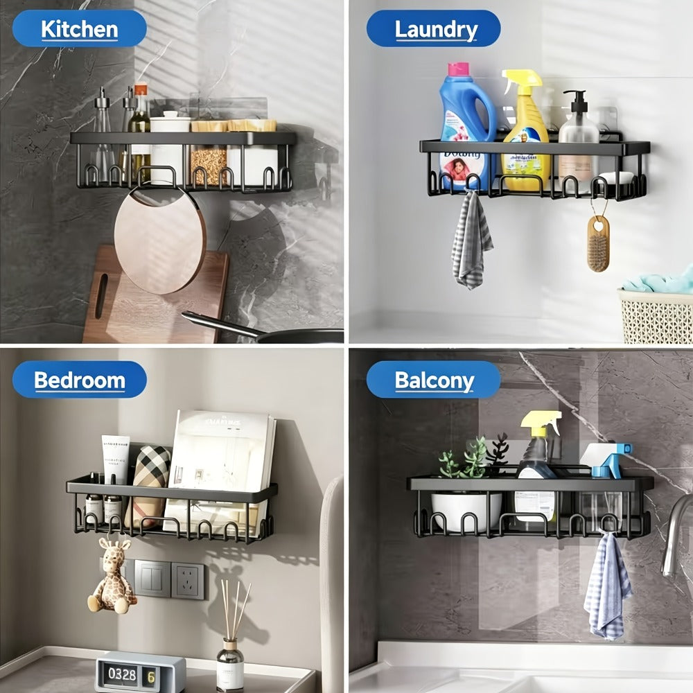 Shower Caddy Organizer Set 6 Piece No Drilling - Adhesive Wall Mounted Bathroom Storage Rack 13 Inch Toilet Paper Holder Soap Dish Toothbrush Holder Shower Shelf | Black | Kitchen Bathroom Organization