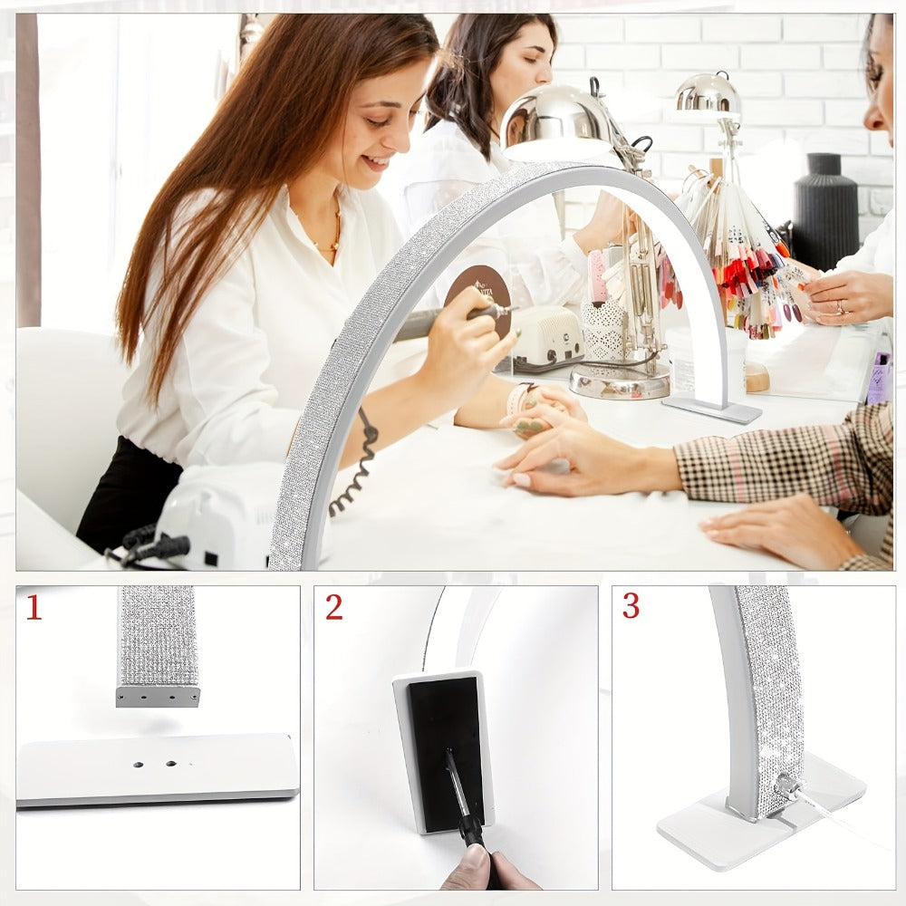 Nail Lamp Studio Desk LED Half Light ¨C 3-Color Temperature Adjustable Brightness for Nail Tech, Beauty Treatments, Skin Care, Eyebrow & Tattoo Lighting, 29 Inch (Black Diamond / White / White Rhinestone)