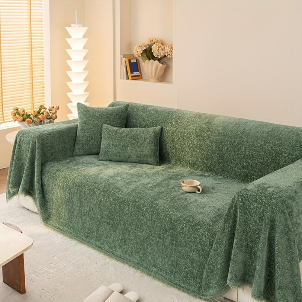 Chenille Sofa Cover with Fringe 300GSM - Super Soft Pet Friendly Solid Couch Slipcover for Single 2 4 Seater Living Room Decoration, 4 Colors