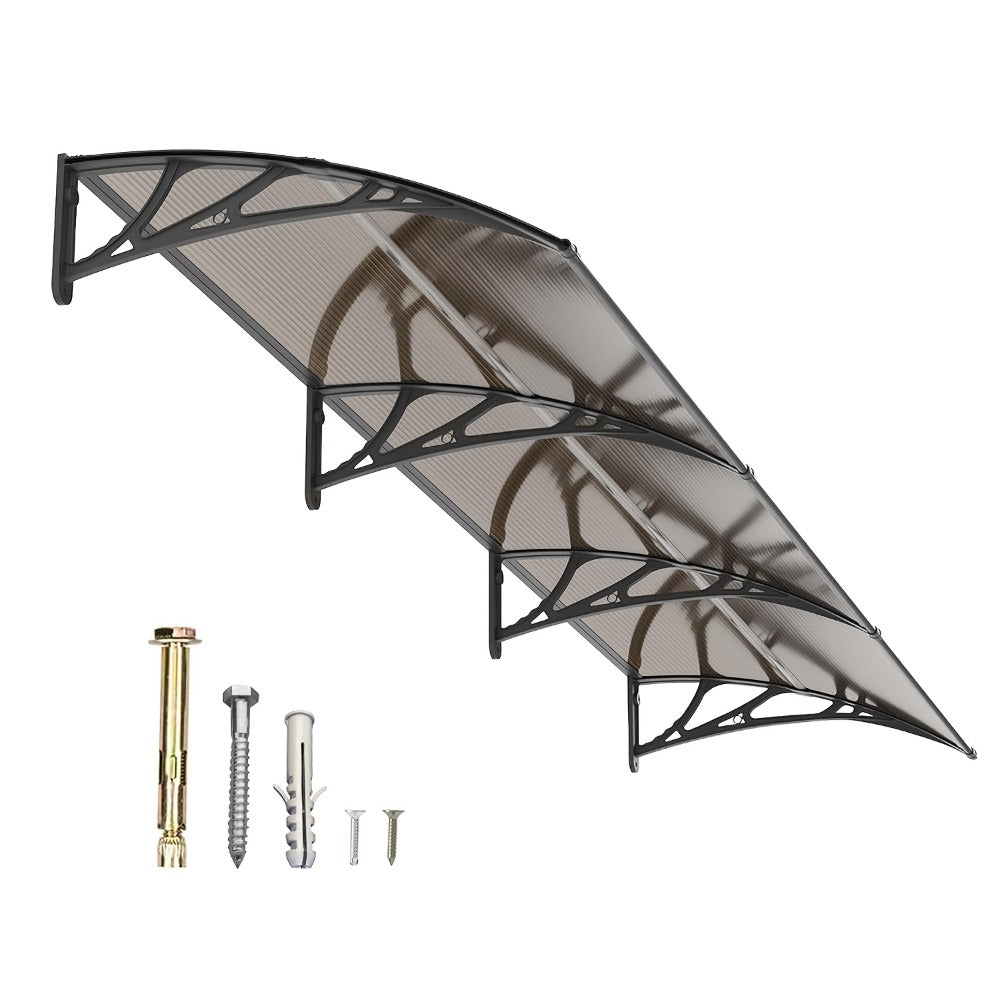 Polycarbonate Window Awning Door Canopy - UV Rain Snow Sun Protection Overhang for Doorways, Patio & Windows, Multiple Sizes, Black/Gray Bracket with Blue/Clear/Brown Board