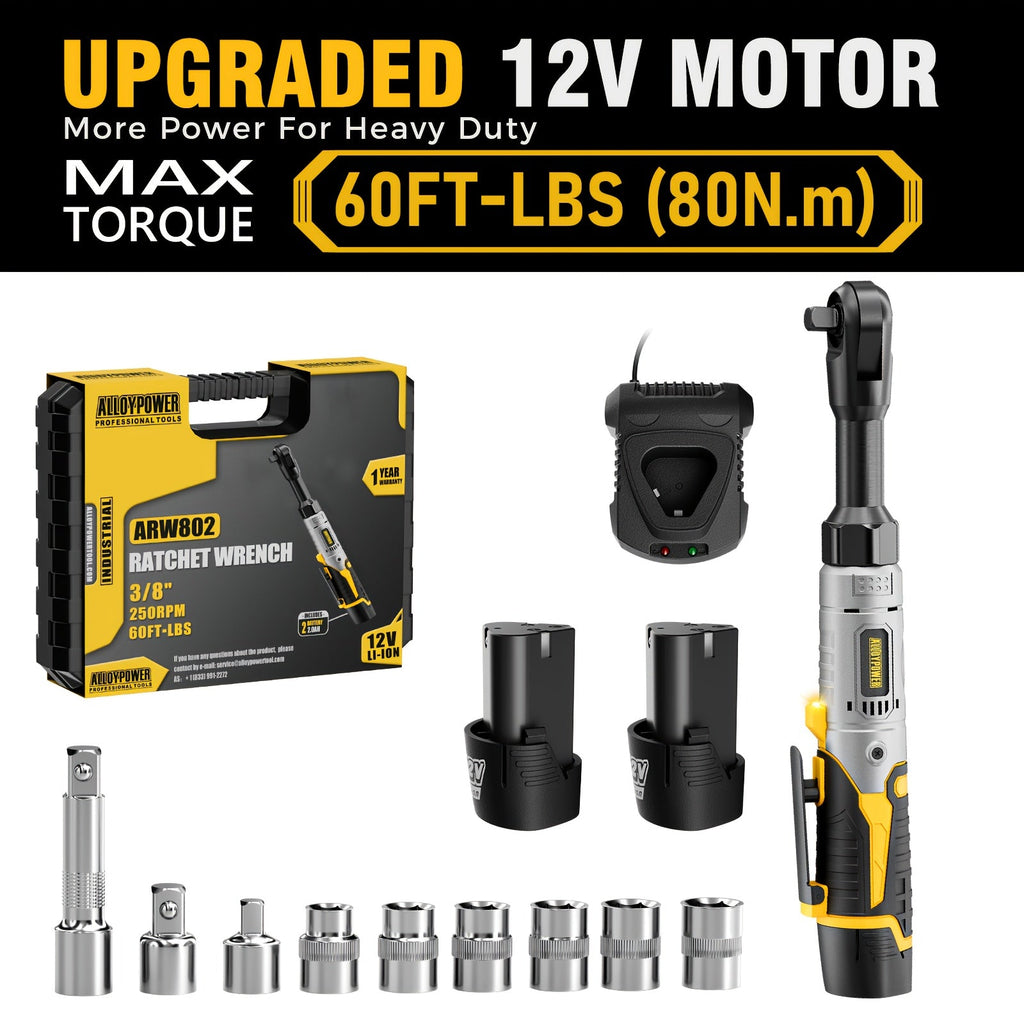 Cordless Electric Ratchet Wrench Set 3/8 Inch 12V 60 Ft-Lbs Power Ratchet Tool Kit with 2 Batteries, 6 Sockets, LED Light, Variable Speed, 1/4 & 1/2 Inch Adapters and Carrying Case for Auto Repair DIY