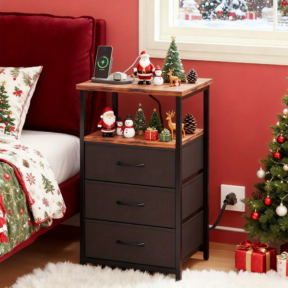 Nightstand with Charging Station & USB Port | 3-Drawer Bedside Table with LED Light, Heavy Duty End Table for Bedroom, Dorm & Small Spaces