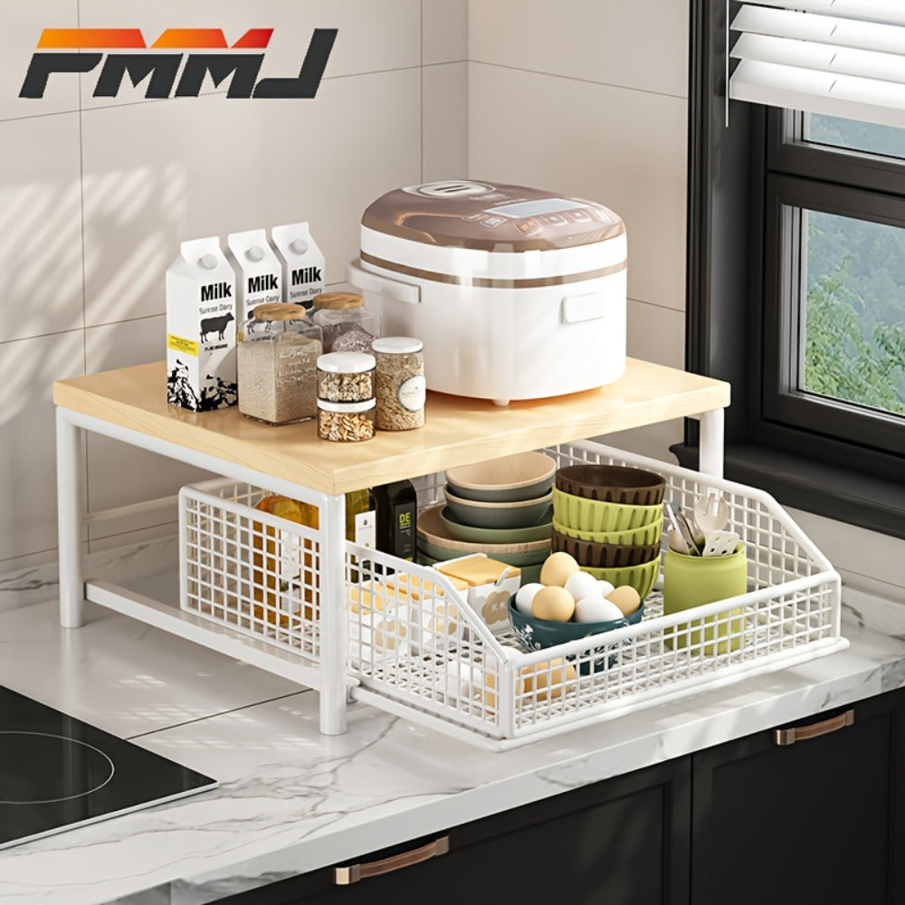 2-Tier Kitchen Countertop Organizer with Drawer & Wire Basket ¨C Hardwood & Metal Storage Shelf for Coffee Maker, Utensils & Spices