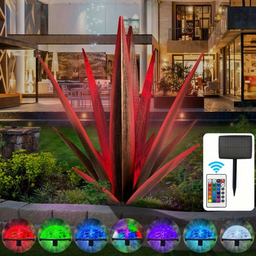 Solar Powered Agave Metal Sculpture Garden Statue - Hand-Painted Rustic Agave Figurine with LED Light & Remote Control, Indoor Outdoor Lawn Yard Courtyard Decor, Holiday Garden Art Gift