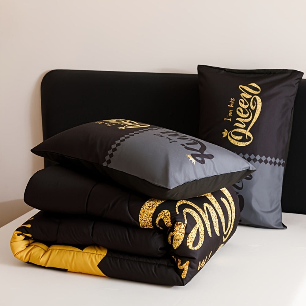 Comforter Set 3-Piece ¨C Soft Breathable Quilt with 2 Pillowcases, Black Grey Color Block Crown Letter Print, Twin Full Queen King, 180GSM Bedroom Bedding Set