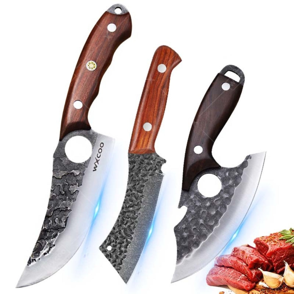 Viking Chef Knife Set 3/4pcs Hammered Stainless Steel Kitchen Knives ¨C Boning, Utility & BBQ Knife with Wooden Handle for Cooking, Camping & Outdoor