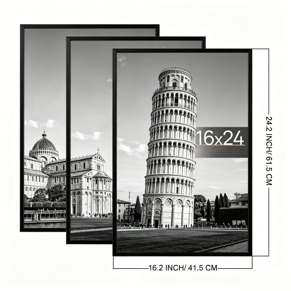 16x24 Picture Frame Set of 3, Poster Frames 16 x 24 Inch with Scratch-Proof Cover, Slide-In Assembly, Horizontal & Vertical Wall Mount Display - Black, Gold, Natural