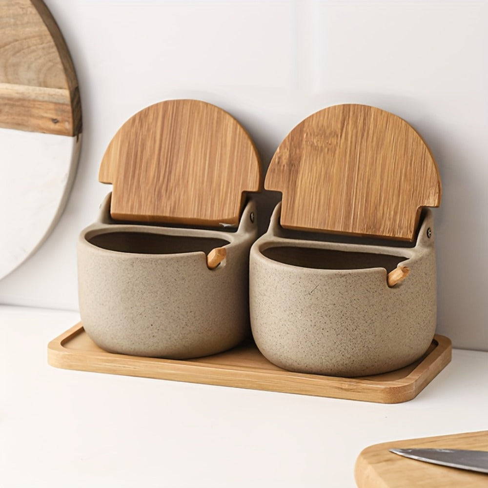 Ceramic Seasoning Pot Set with Lid & Spoon ¨C Salt Pepper Spice Jar Container with Tray Kitchen Condiment Storage Organizer for Counter Cooking Accessories Housewarming Gift