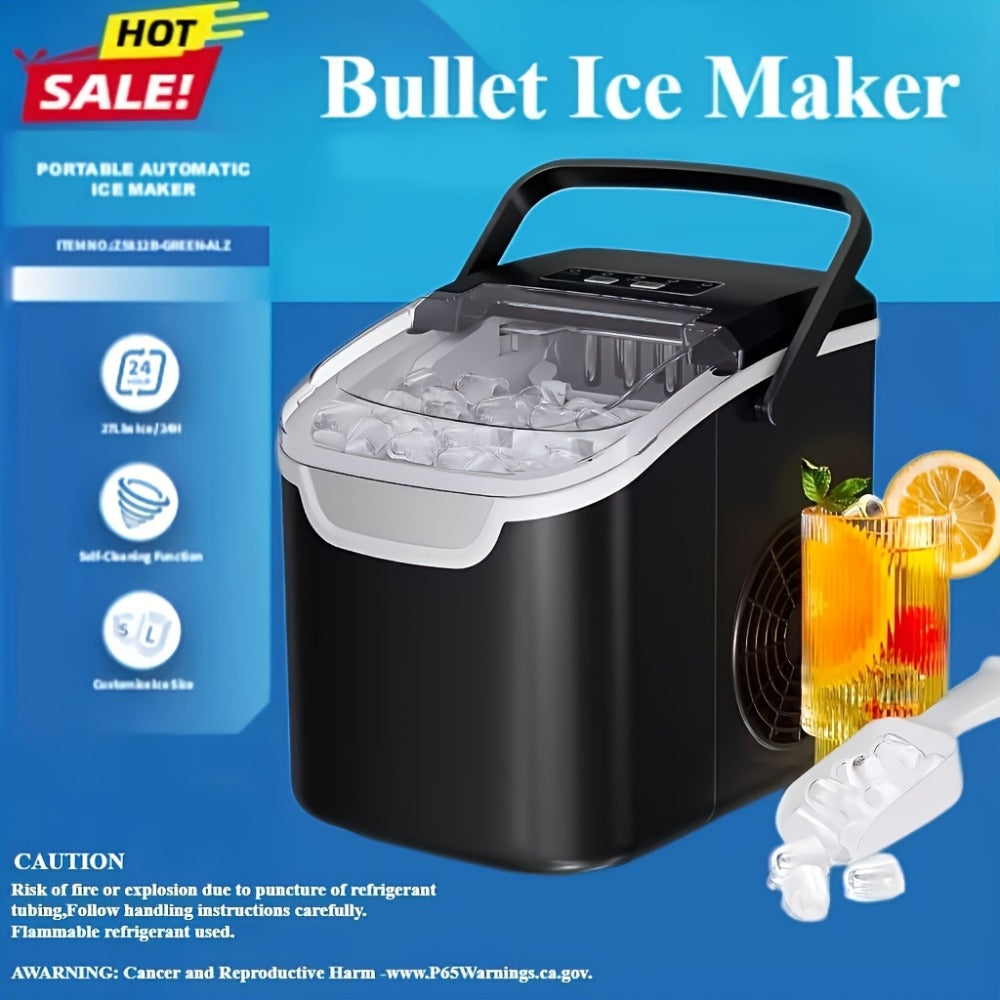 Countertop Bullet Ice Maker 26lbs/24H, 9 Bullet Ice Cubes in 6 Mins, 2 Sizes, Self-Cleaning Portable Ice Machine with Handle Ice Basket & Scoop, for Home Kitchen RV Camping