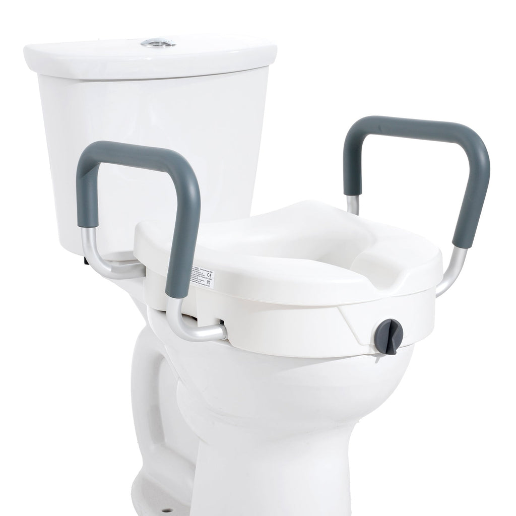 Raised Toilet Seat with Arms for Seniors & Elderly - 5 Inch Elevated Toilet Seat, 350 lbs Capacity, Twist Lock, Adjustable Armrests with Padding, Fits Round & Elongated Toilets
