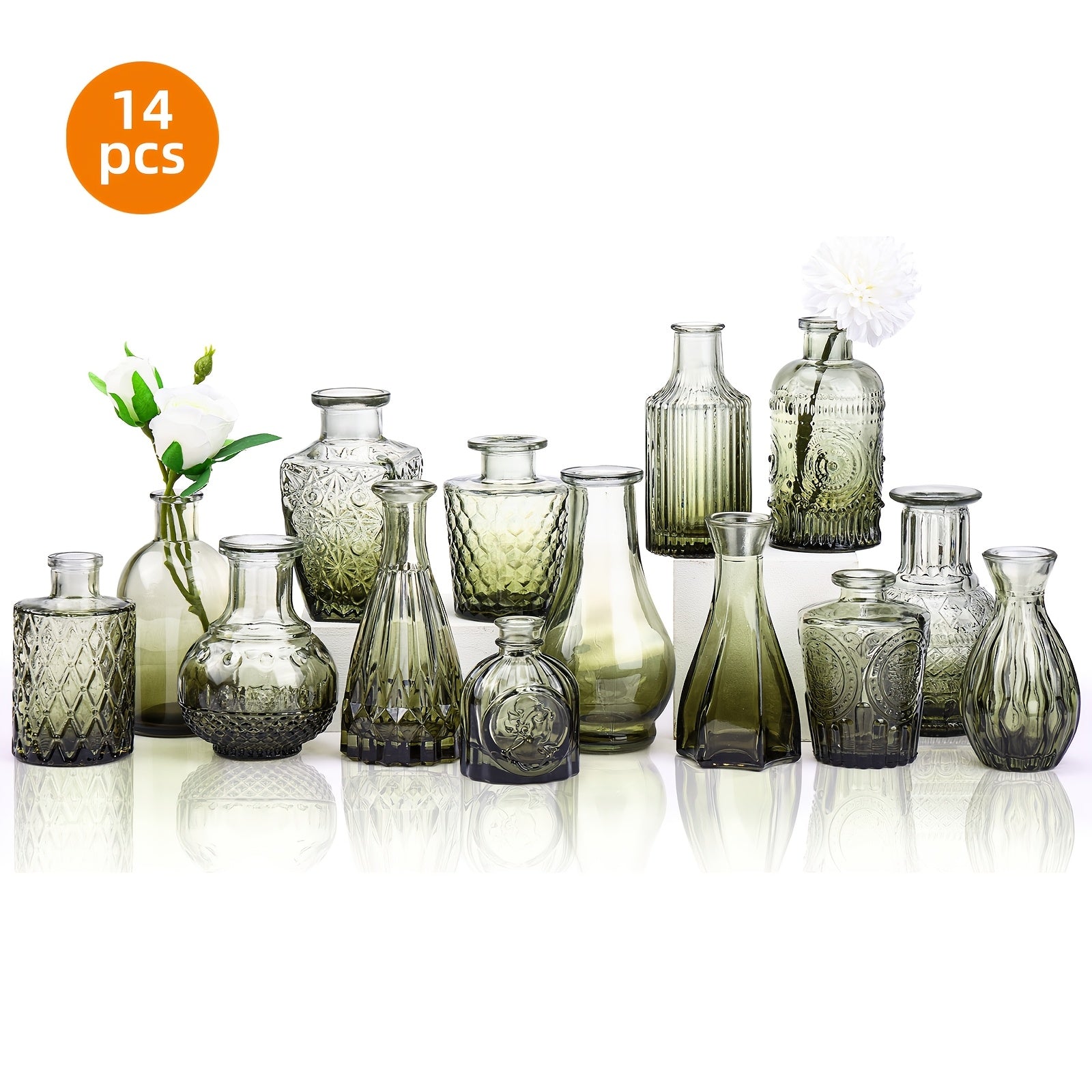 Glass Bud Vases Set ¨C Vintage Transparent Small Flower Vases in Graduated Colors for Home, Dining Table, Wedding & Holiday Centerpiece Decoration ¨C 14 or 18 Piece Multi-Size Floral Display Set