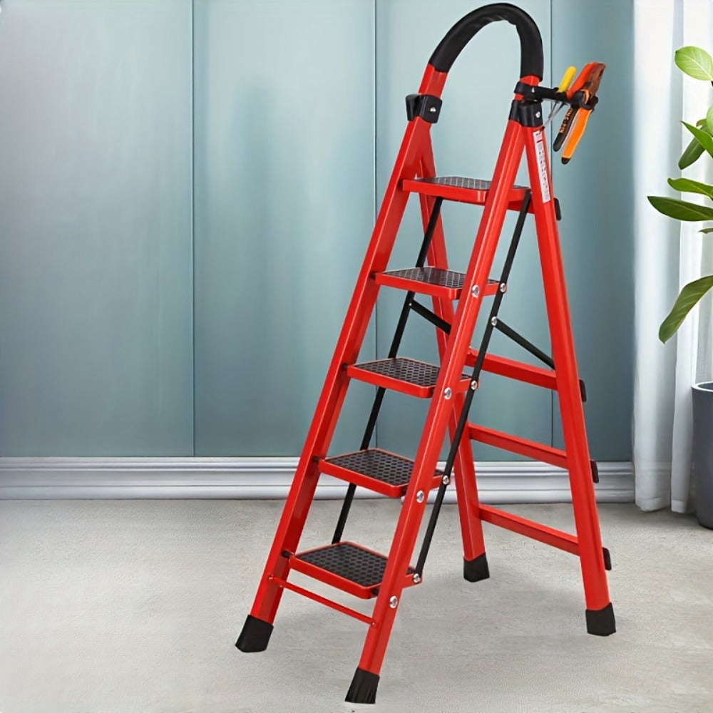 Folding Step Ladder 3 / 4 / 5 Step with Anti-Slip Pedal & Tool Tray ¨C 450 LBS Capacity Portable Steel Step Stool for Adults, Home, Kitchen, Library & Office Use ¨C Red & Black Options