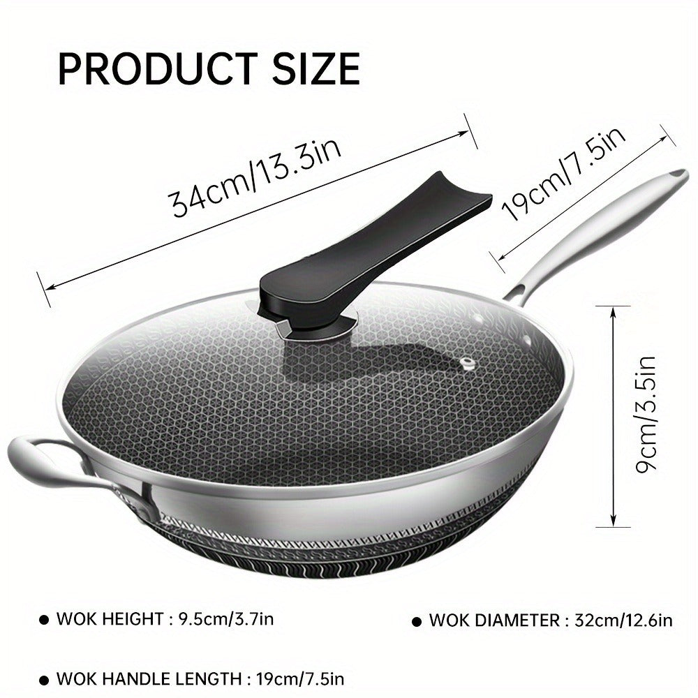 Stainless Steel Wok 13.3 Inch Honeycomb Non-Stick with Lid Spatula & Pot Brush ¨C All Cooktop Compatible Stir Fry Pan | Induction Gas Electric Ceramic | Complete Kitchen Wok Set Cooking Accessories