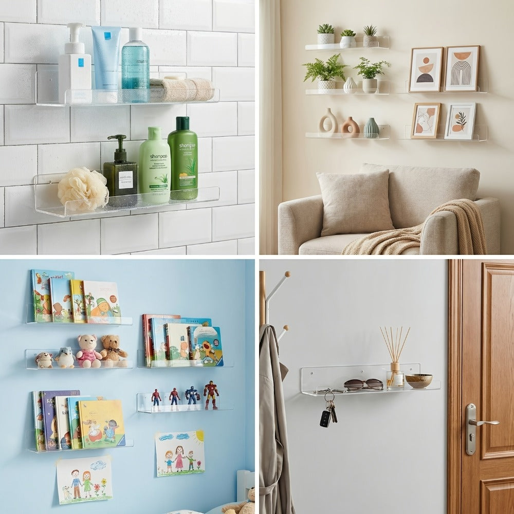 Acrylic Floating Wall Shelves - Clear Display Shelf Organizer for Bathroom, Bedroom, Living Room & Kitchen, 15x4 Inch Wall Mounted Storage Bookshelf, Set of 4/8/16 Pack Room Decor