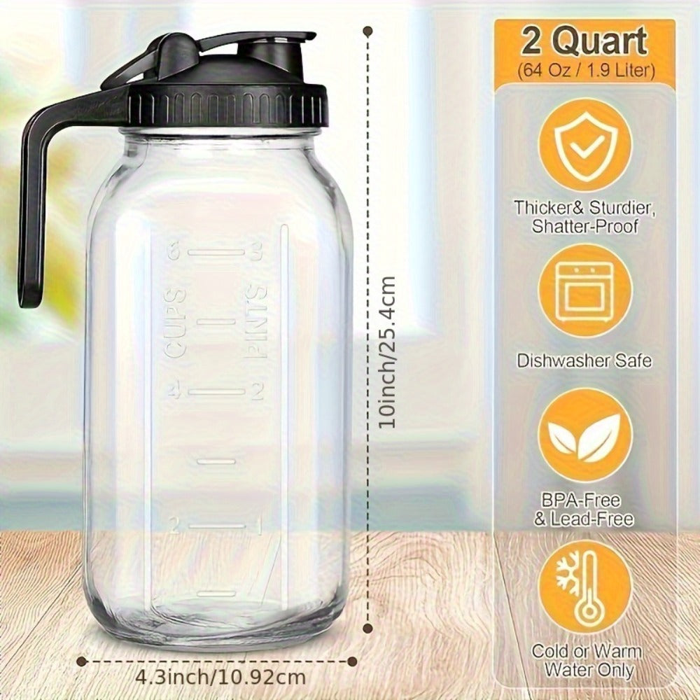 Glass Pitcher 64oz Mason Jar with Lid and Pour Spout - 2 Quart Wide Mouth Leak Proof Glass Jug for Fridge Iced Tea Sun Tea Lemonade and Juice, Creamer Container for Coffee and Breast Milk Storage, Available in 2 or 3 Pack