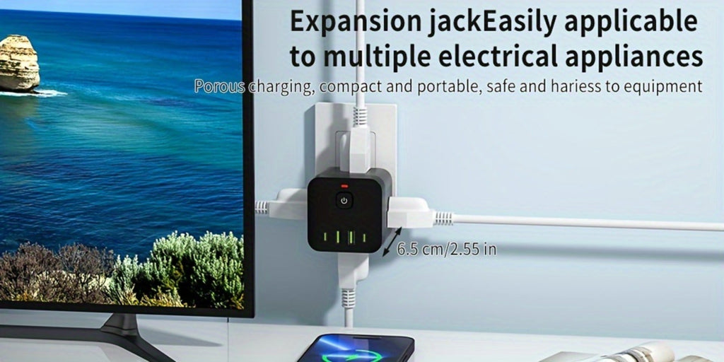 Surge Protector Power Socket 4 Side Outlets 2 USB-A 2 USB-C Overload Protection Power Off Switch Multifunctional for Living Room Kitchen Bathroom Bedroom Office Black