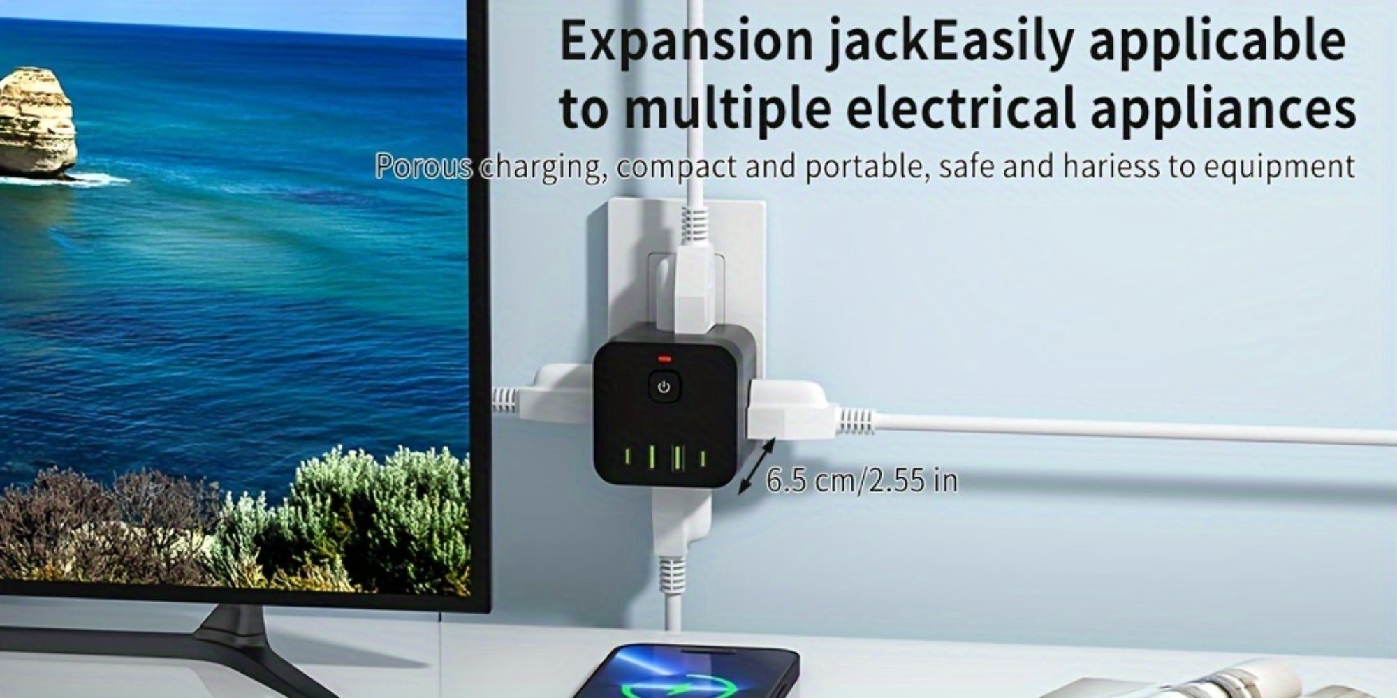 Surge Protector Power Socket 4 Side Outlets 2 USB-A 2 USB-C Overload Protection Power Off Switch Multifunctional for Living Room Kitchen Bathroom Bedroom Office Black