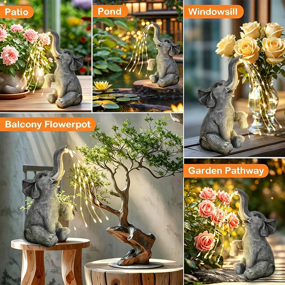 Solar Garden Elephant Sculpture Light - Outdoor IP44 Waterproof LED Lucky Elephant Water Spraying Ornament with Solar Powered Garden Lights for Patio Balcony Porch Deck Yard Thanksgiving Halloween Gift