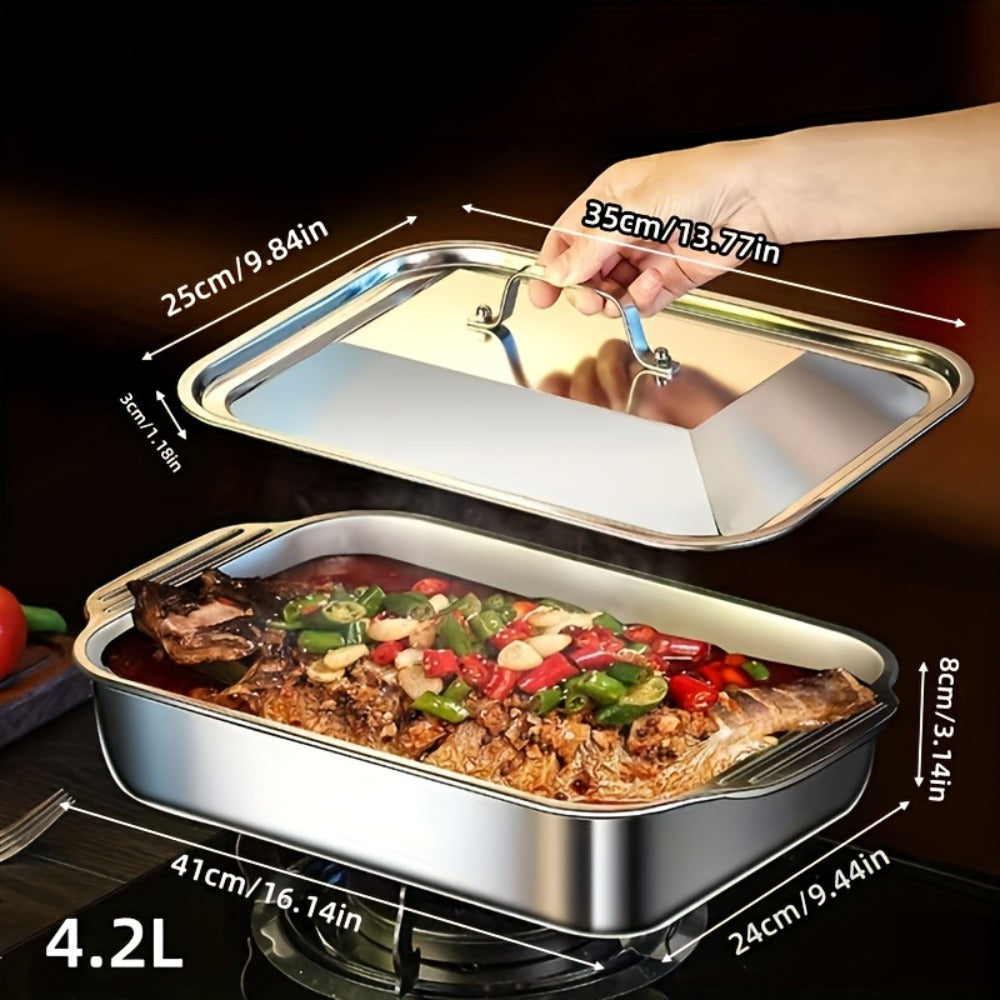 Stainless Steel Deep Baking Tray with Lid 4-Piece Set, 1.59 Gallon Rectangular Roasting Pan with Handle Lids, 16-Inch Dishwasher Safe Deep Tray for Fish BBQ Spaghetti, 2 Trays + 2 Lids