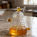 Glass Honeycomb Honey Jar with Lid and Stirrer | 480ml High Borosilicate Transparent Storage Container for Home Kitchen Wedding Party