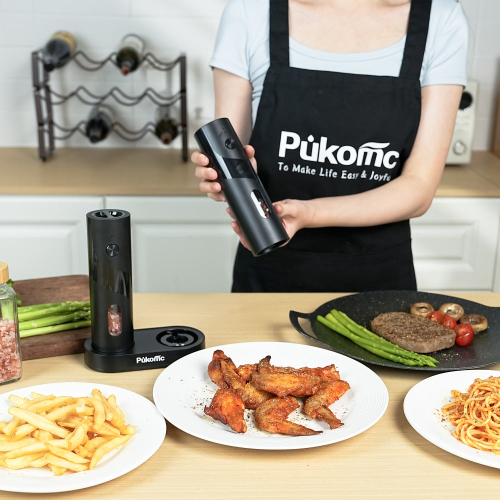 Electric Pepper Grinder Set USB-C Rechargeable with LED Light Ceramic Core Adjustable Coarseness One-Hand Automatic Salt Pepper Mill Kitchen Gift for Home Cooking Camping BBQ