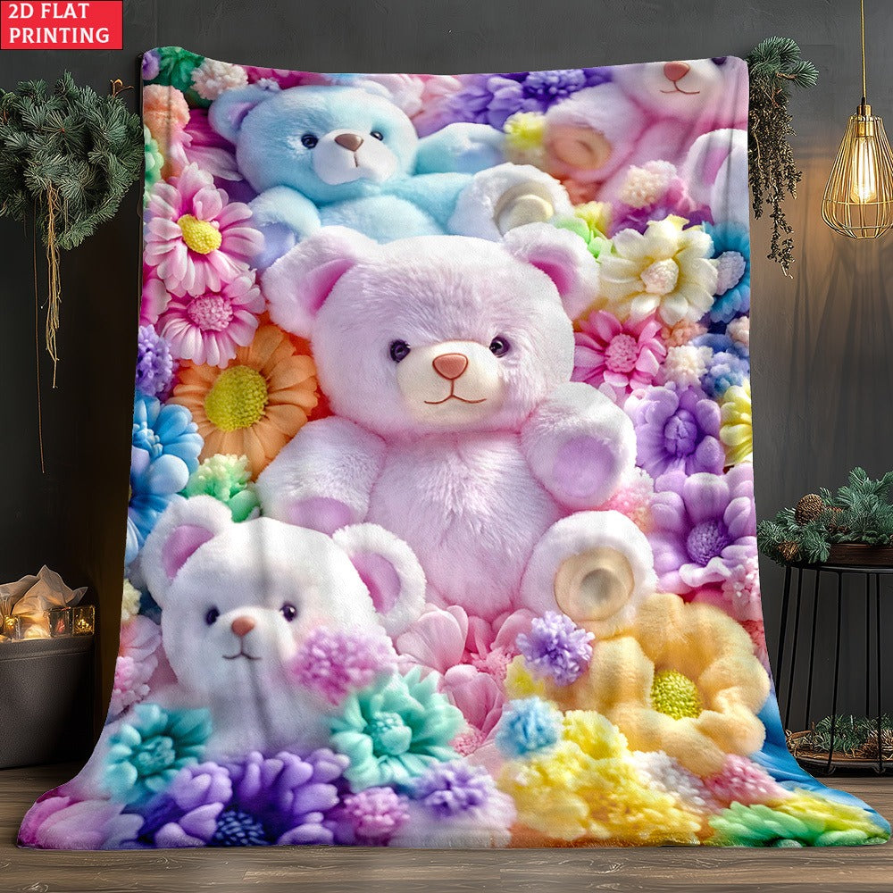 Teddy Bear Floral Blanket 2D Flat Print - Soft Lightweight Colorful Throw for Sofa Bed Travel Camping Office Living Room, Cute Animal Flower Pattern Home Decor Blanket