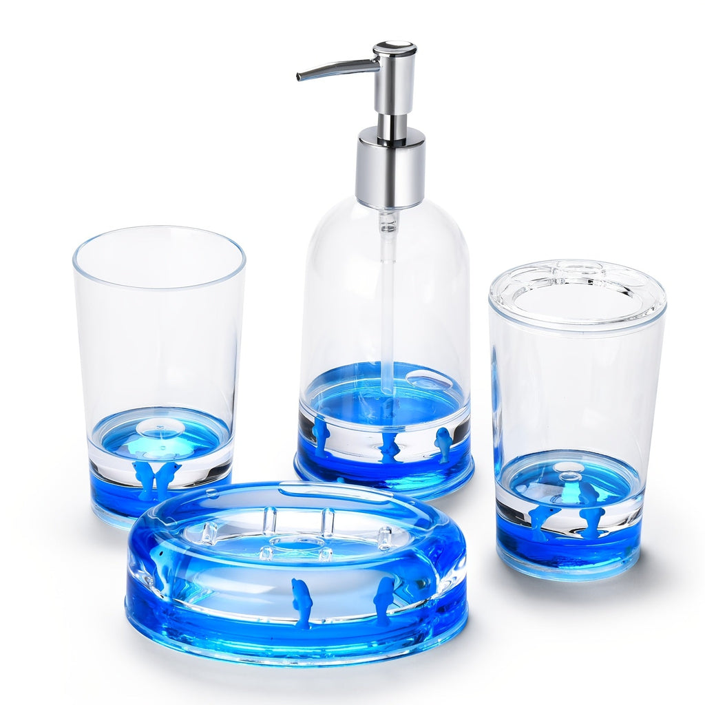 Bathroom Accessory Set 4-Piece 3D Floating Motion Acrylic Liquid Vanity Kit - Tumbler, Toothbrush Holder, Soap Dispenser & Soap Dish, Handcrafted Shell & Leaf Decor, Ocean Dolphin Conch Leaf Styles