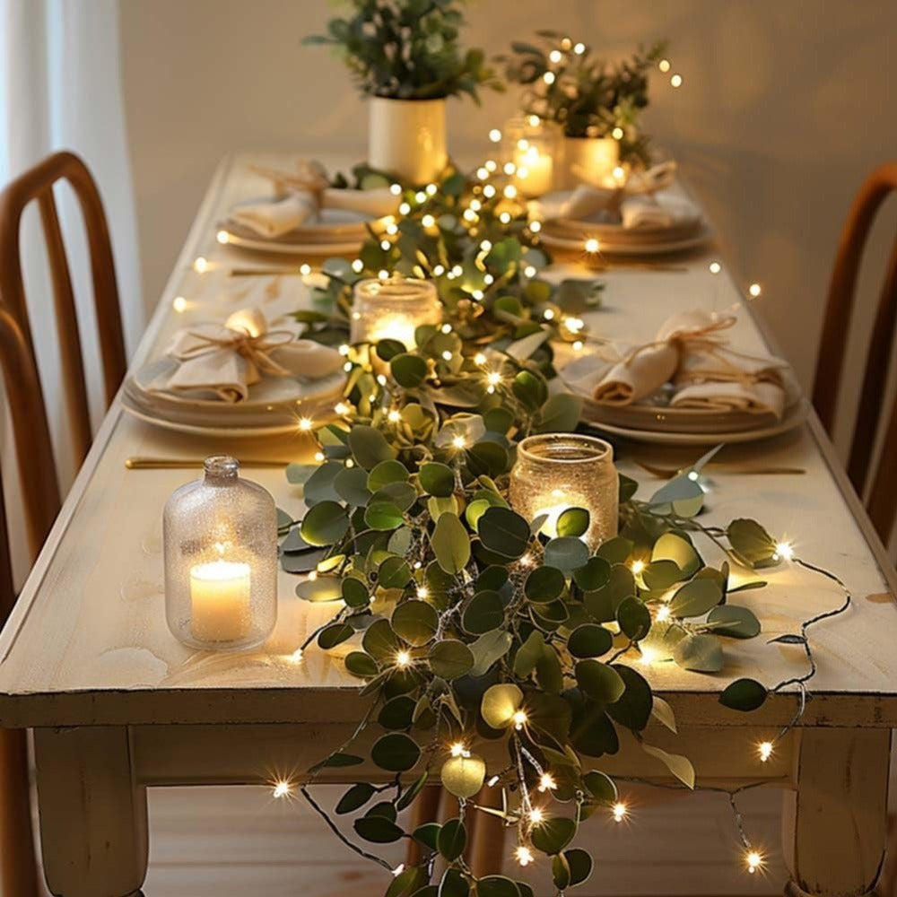 Eucalyptus Leaf Wreath String Lights 4pcs Battery Powered Warm LED Fairy Lights for Holiday Table Centerpiece Indoor Home Decoration
