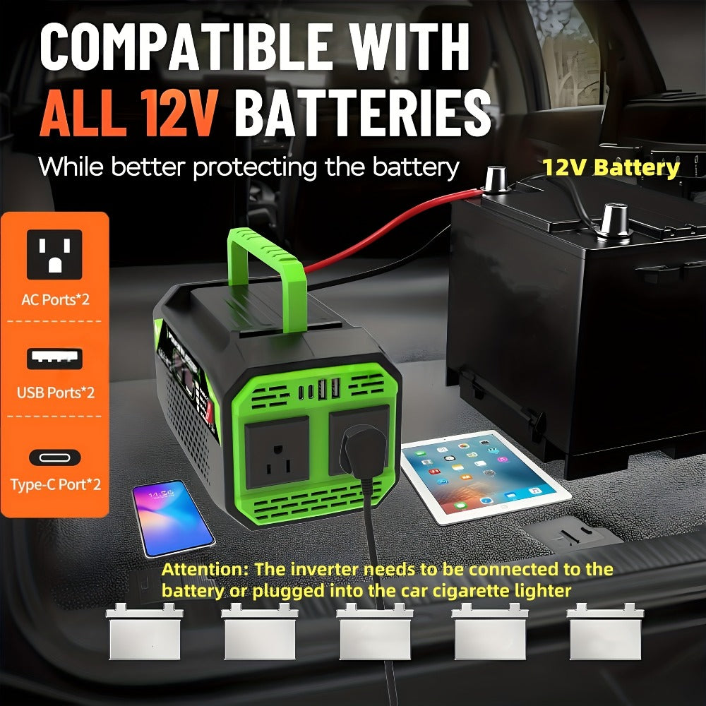 Power Inverter 500W/1000W DC 12V to AC 110V - Car Power Converter with LCD Display, 2 AC Outlets, 2 USB Ports & 2 Type-C, for Home, Car, RV, Camping & Outdoor Emergency Power
