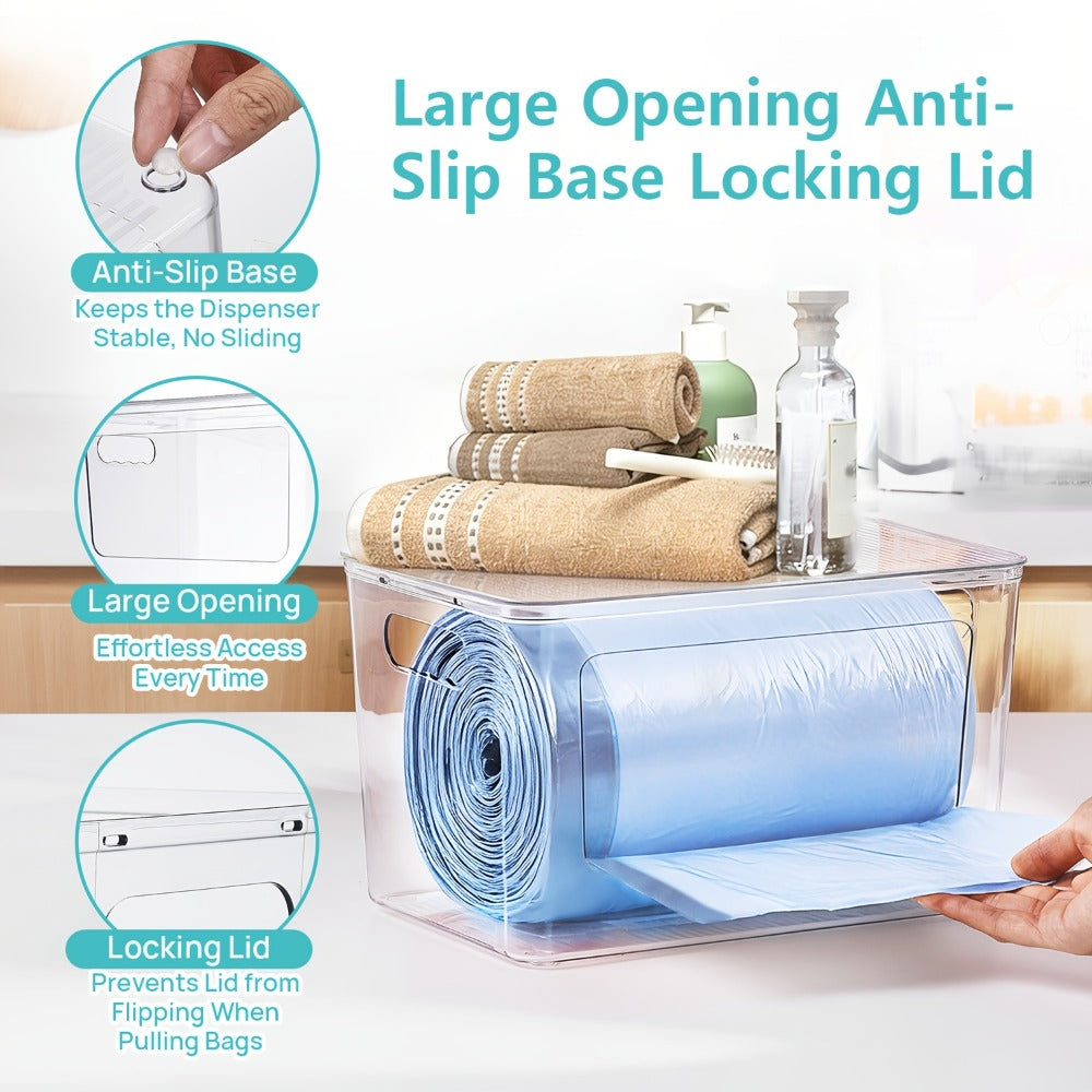Trash Bag Dispenser 2 Pack ¨C Clear Stackable Garbage Bag Holder for 13/30/33 Gallon Bags, Under Sink Organizer, Locking Lid, Anti-Slip, Kitchen Pantry Laundry Room Cabinet Storage